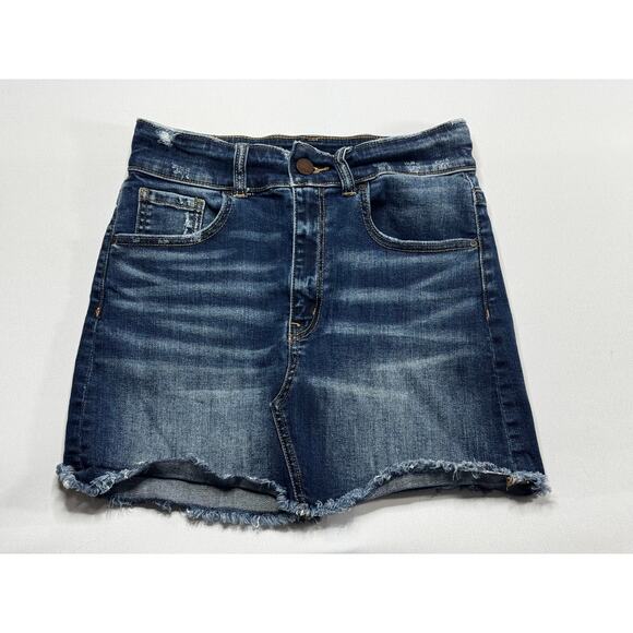 BKE Dresses & Skirts - BKE Buckle Women's Distressed Raw Hem Blue Denim Mini Skirt - Size M (W27)